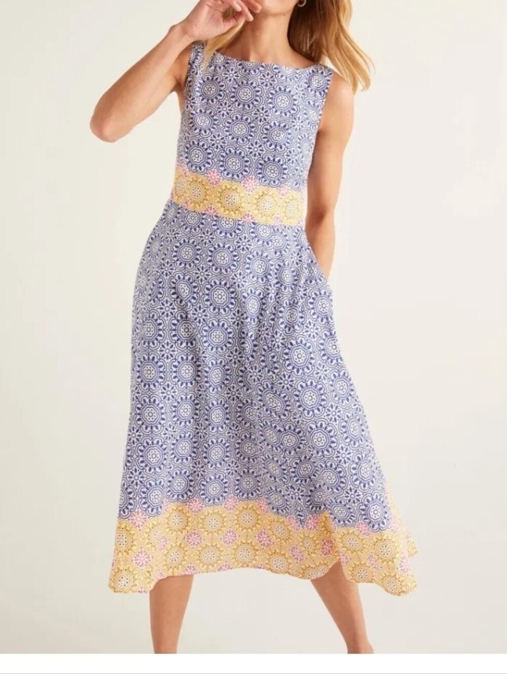 Boden Deborah  Blue and Yellow Sleeveless Midi Dress with Medallion Print Sz 6